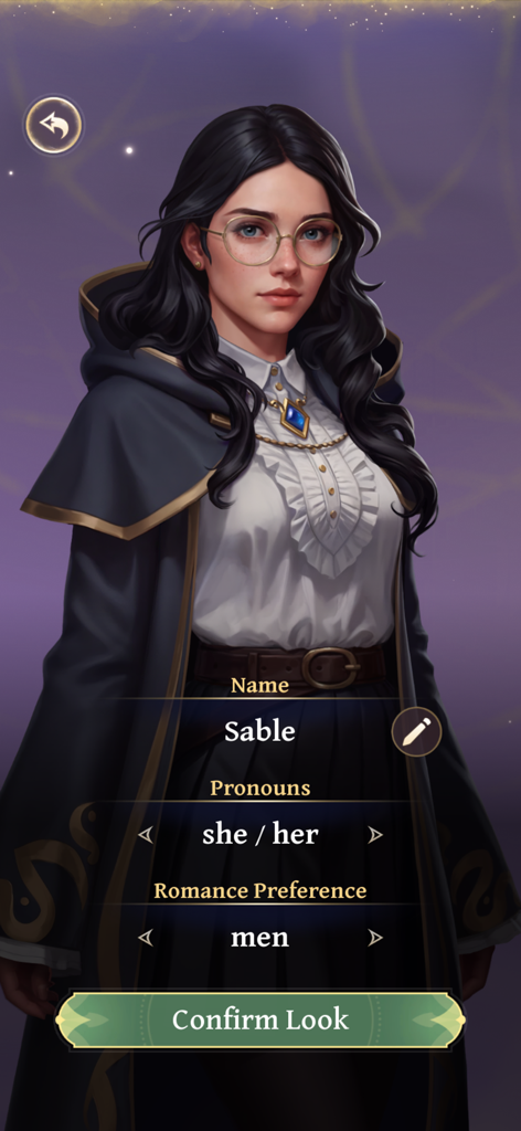 Character customization screen in Love and Magic Spellfyre featuring a female character named Sable with she her pronouns and romance preference for men
