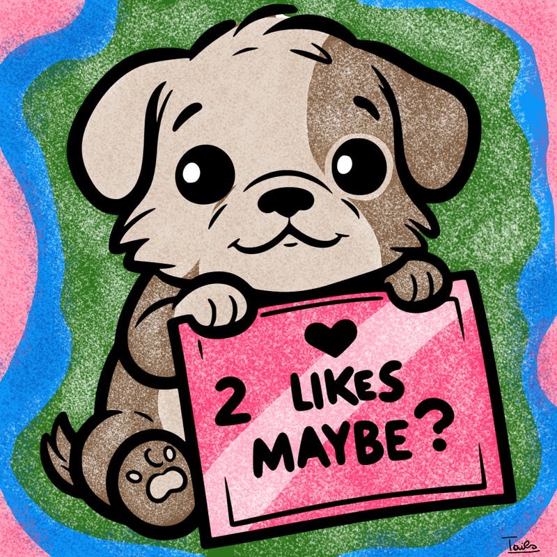 a puppy holding a sign that says 2 likes maybe?