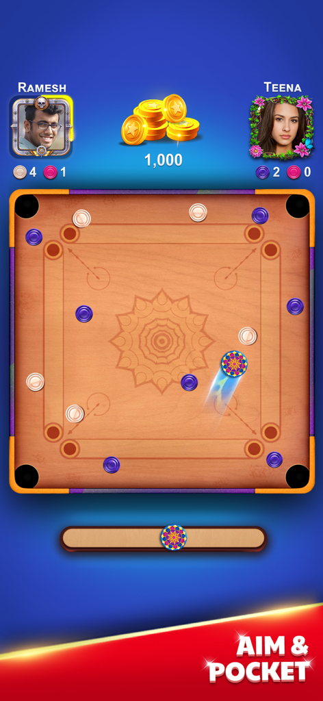 Digital carrom board game match showing players Ramesh and Teena competing online with the aim and pocket mechanic.