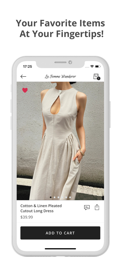 La Femme Wanderer - The La Femme Wanderer app showing a pleated cutout long dress with price and add to cart button.