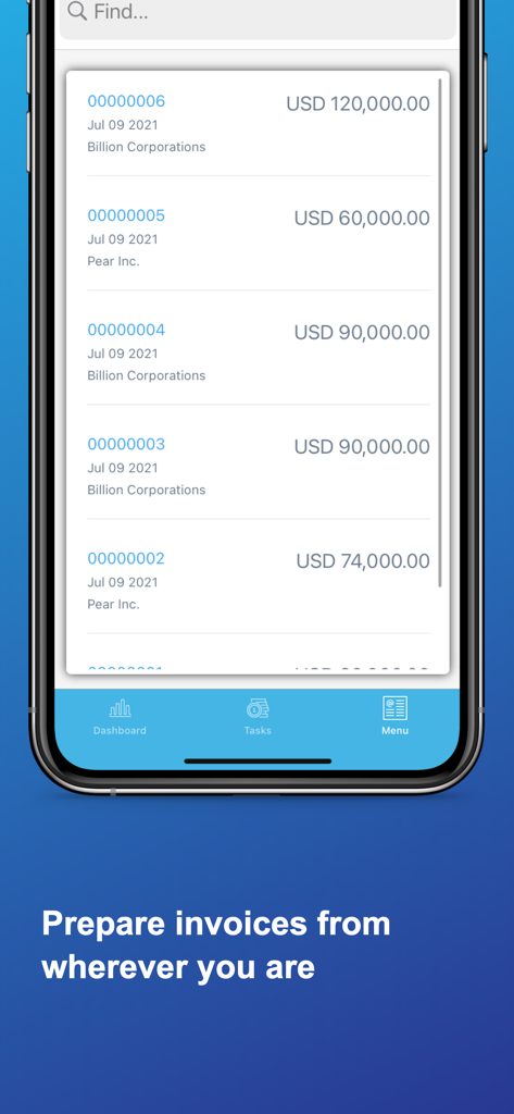 Una pantalla móvil que muestra una lista de facturas de negocios con nombres de clientes y montos en USD.