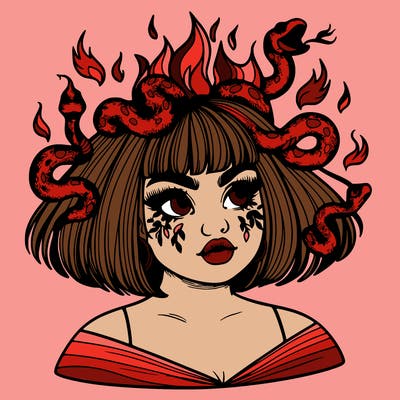 a plus size girl with short hair and snakes coming off her head like medusa, and flames in her eyes, beautiful and realistic