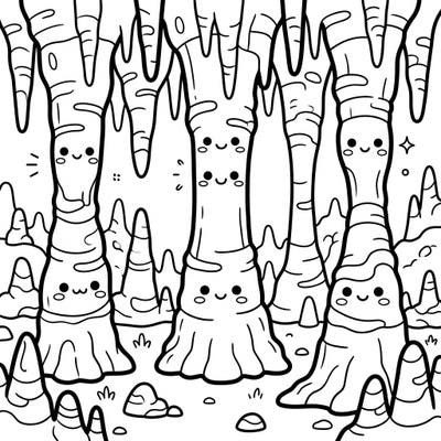 Explore a delightful subterranean world with our Kawaii Cave Columns coloring page, where natural wonders meet adorable charm. These cute speleothems, featuring sweet faces and thick outlines, are ready for your creative splash of color.