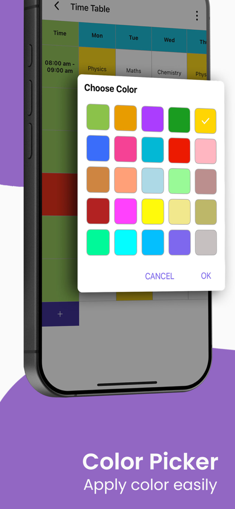 Uma interface móvel mostrando a paleta de seleção de cores para codificação por cores de um horário de aulas semanal.