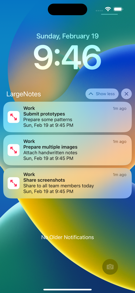 iPhone lock screen showing work task notifications from the Large Text Notes app.