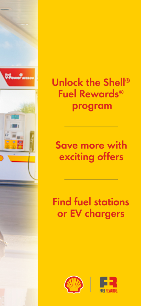 Grafica promozionale dell'app Shell che evidenzia i premi sul carburante e il localizzatore di stazioni per benzina e ricarica EV