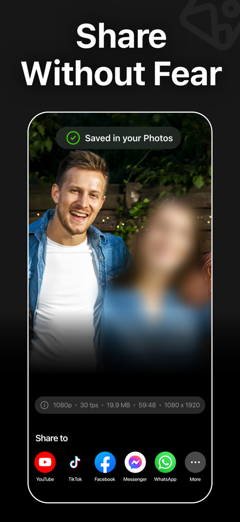 Blur Video - AI Blur Maker - Interface of the Blur Video app showing a blurred face in a video and options to share on social media platforms like TikTok and YouTube.