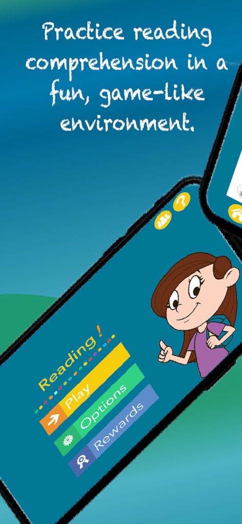 Reading Comprehension: Grade 3 - Home screen of the Reading Comprehension Grade 3 app featuring a cartoon girl character and menu buttons for Play, Options, and Rewards