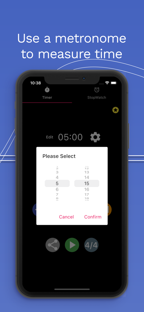 A smartphone screen showing the time selection menu within the My Metronome Timer app