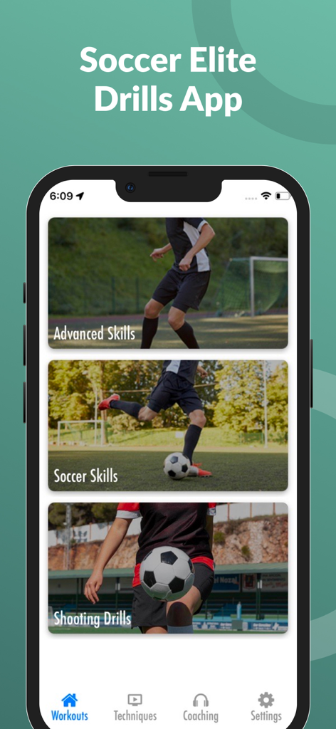 Tela inicial do aplicativo Soccer Elite Drills mostrando categorias para habilidades avançadas e exercícios de chute em um dispositivo móvel.