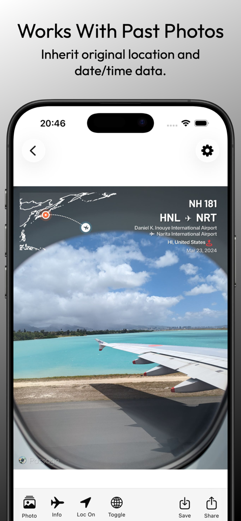 Passage: Mapping Your Moments - Passage app interface overlaying a flight route map and details onto a travel photo
