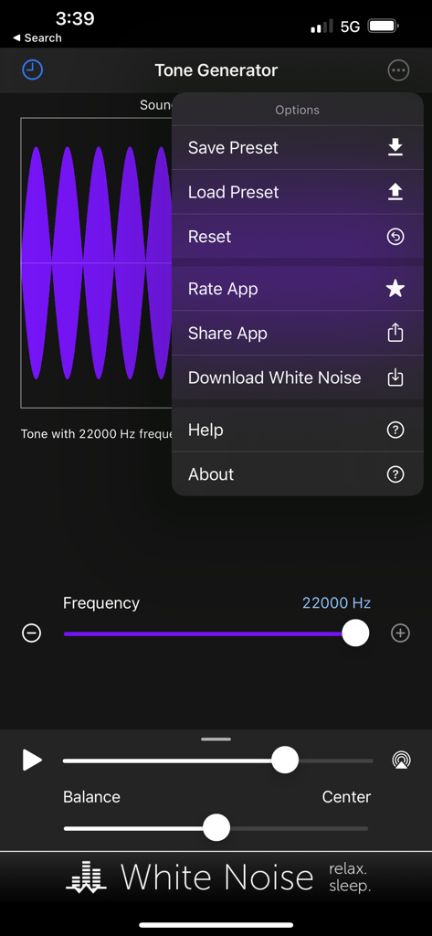 Tone Generator: Audio Sound Hz - Interfaz de la aplicación Generador de Tonos que muestra controles de frecuencia y menú de configuración