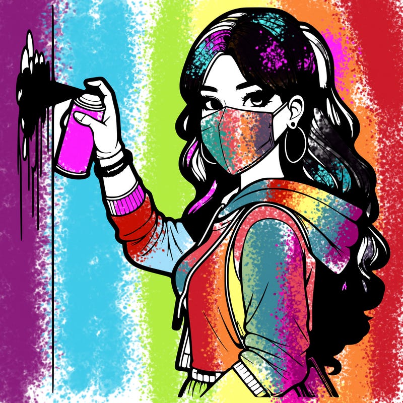 realistic girl with mask spray painting a wall