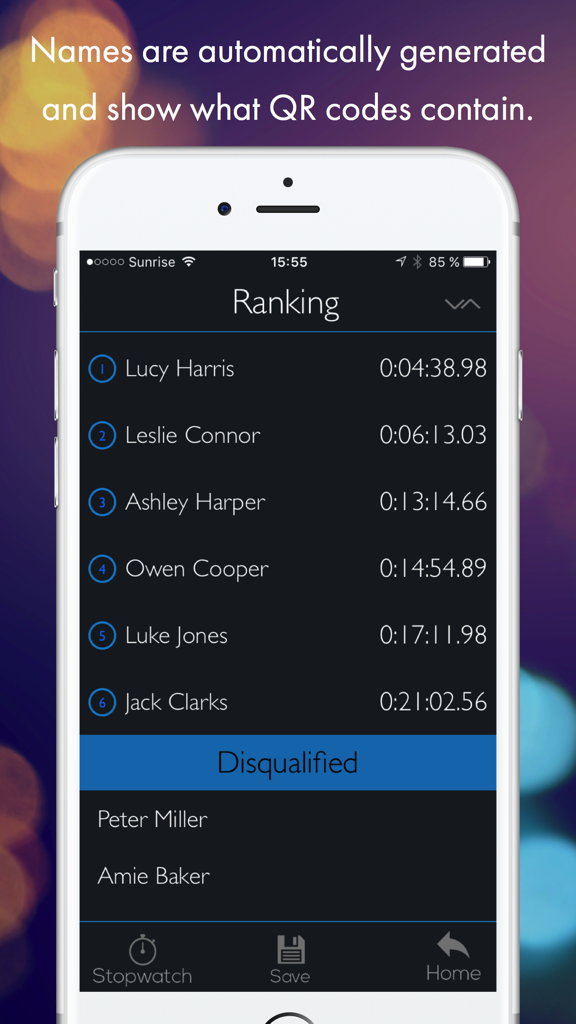 Interface of the QR Stopwatch app showing a ranking list of participants and their completion times