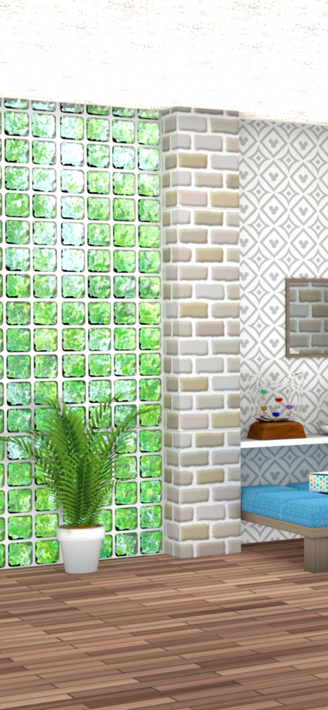 Escape Game Work From Home - Modern home office interior with green glass blocks a potted plant and a decorative brick pillar