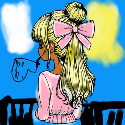 realistic girl  with hip length hair a bun and a big bow on the back of head