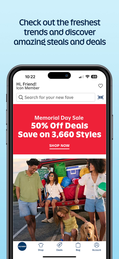 Old Navy mobile app home screen featuring a Memorial Day Sale banner with 50 percent off deals.