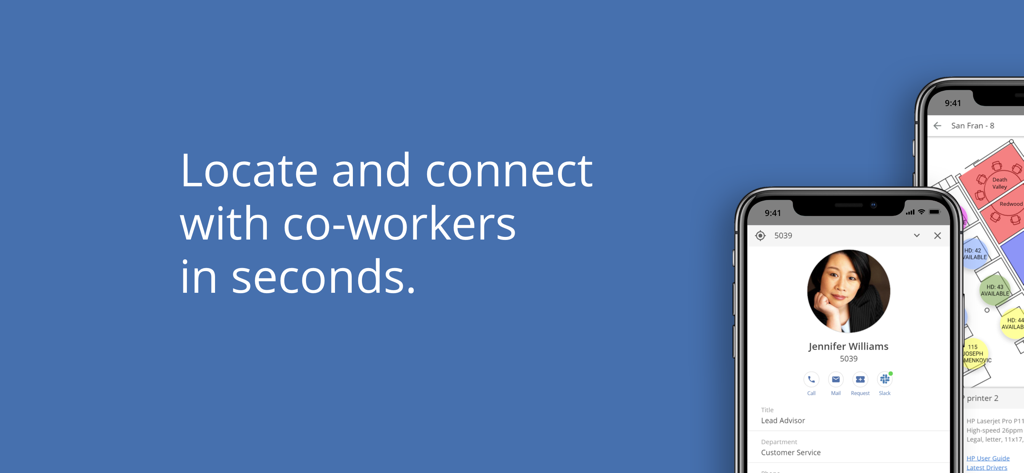 OfficeSpace App user interface for locating and connecting with coworkers on a mobile device