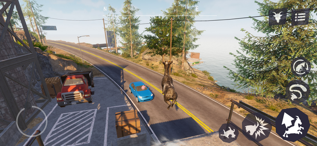 Goat Simulator 3 - A goat standing in the middle of a coastal road next to a blue car in Goat Simulator 3