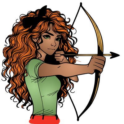 a woman with curly and messy hair using a bow to shoot arrow realistic