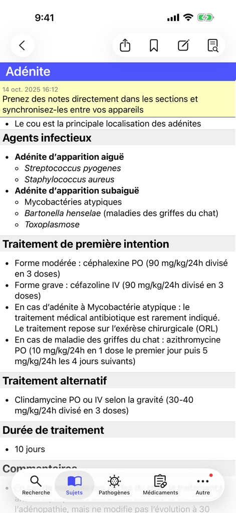 Antibiothérapie Pédiatrique - Ecran de l application affichant les lignes directrices pour le traitement de l adenite pediatrique