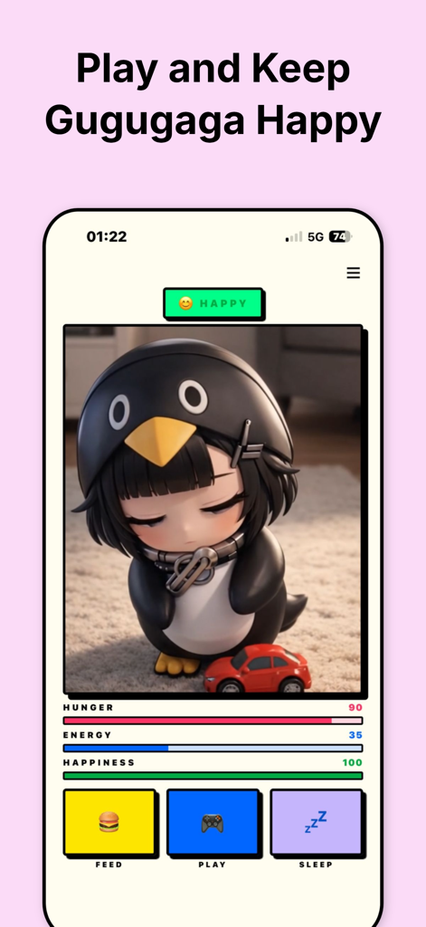 Gameplay screen of Gugugaga showing a penguin character with hunger energy and happiness status bars