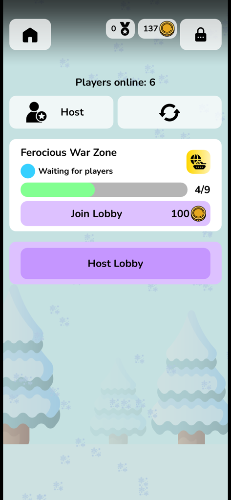 Interfaz de lobby multijugador de Geofast Battle of Nations que muestra opciones para alojar o unirse a una partida de zona de guerra.