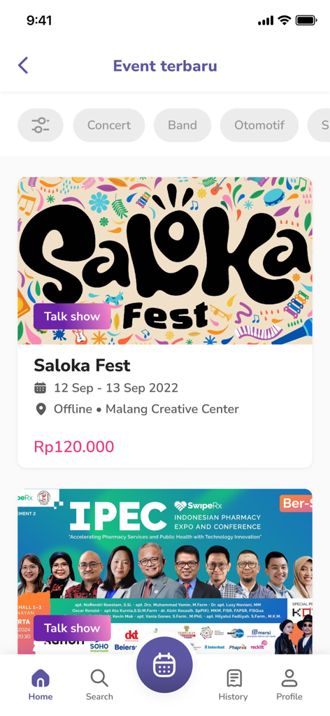 Youniverse - Community - Youniverse app interface showing a list of latest events with filter categories and a feature for Saloka Fest at Malang Creative Center.