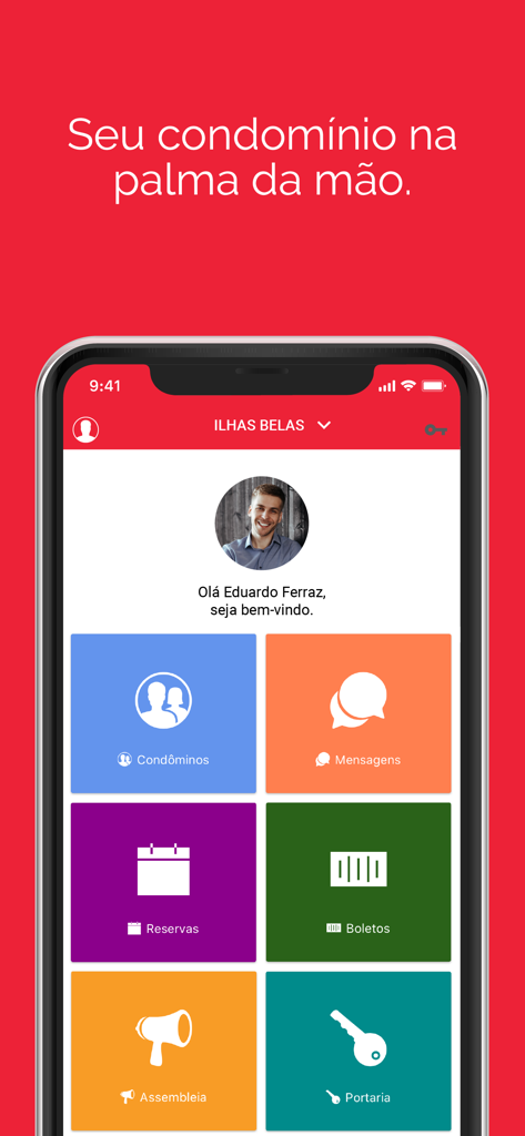 OMA Online - Mobile phone screen displaying the OMA Online app dashboard with property management icons for bills and reservations