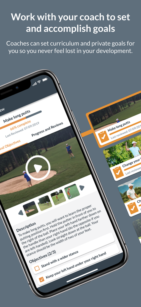 Op 36 Golf - Op 36 Golf app interface displaying a training goal for long putts with a progress tracker and instructional video