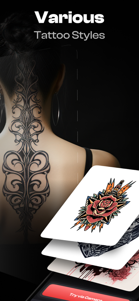 Tattoo AI: Design Generator - Mujer mostrando un tatuaje en la espalda con varias tarjetas de diseño de tatuajes generadas por IA