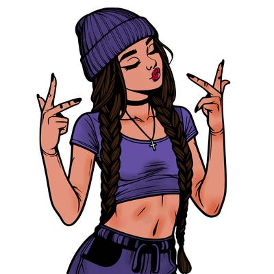 realistic teenage girl with braids and a beanie and crop top doing 🫶🏼