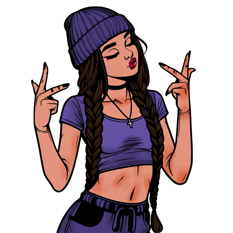 realistic teenage girl with braids and a beanie and crop top doing 🫶🏼