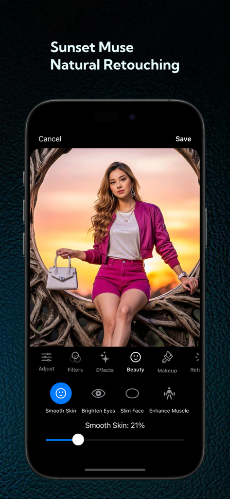AI Photos Editor+ - AI Photos Editor+ app interface with beauty tools for skin smoothing and natural retouching on a portrait photo.