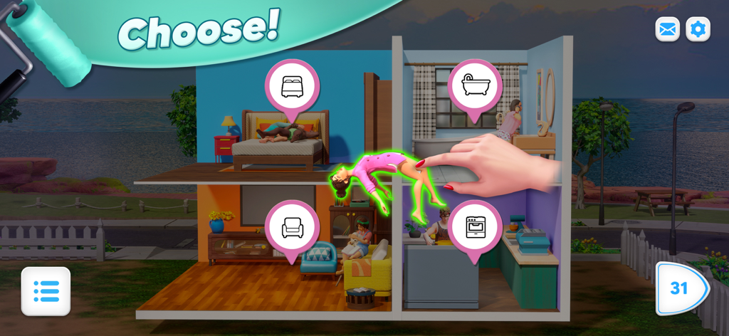 Gameplay screenshot of Modern Community showing a dollhouse view of a home with options to choose different rooms for renovation