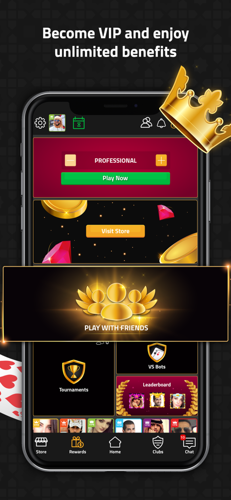 VIP Jalsat | Tarneeb & Trix - Main interface of VIP Jalsat app featuring professional card game modes tournaments and a gold VIP crown