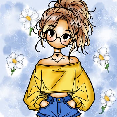 girl with a messy ponytail glasses a baggy crop top and jean shorts
