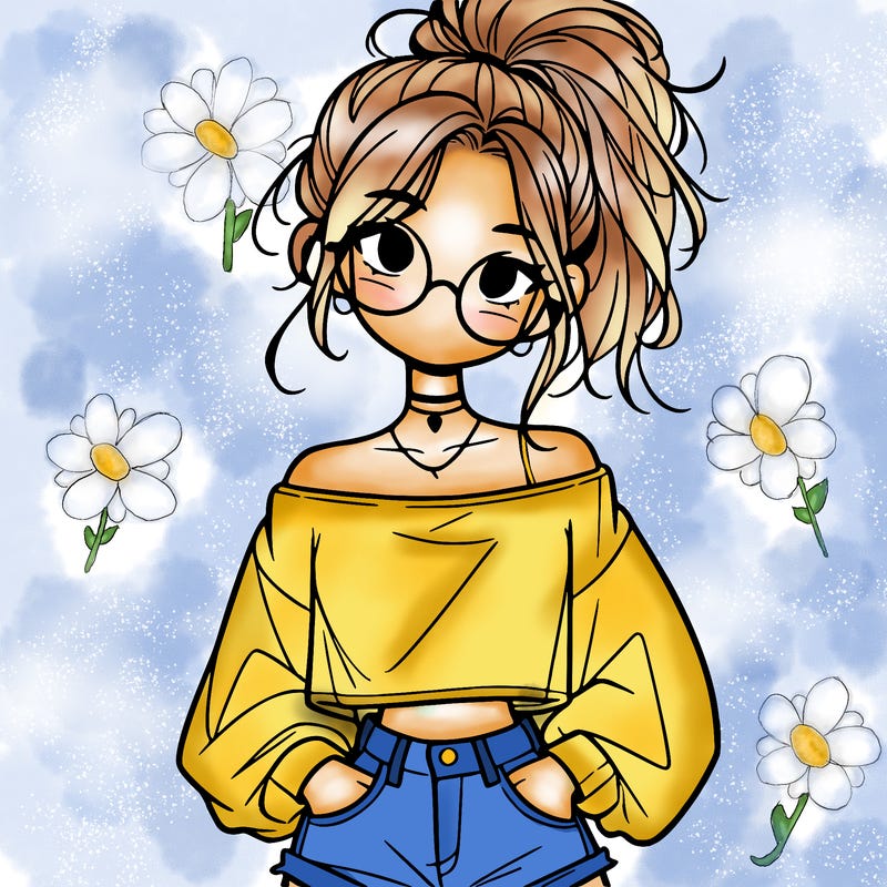 girl with a messy ponytail glasses a baggy crop top and jean shorts