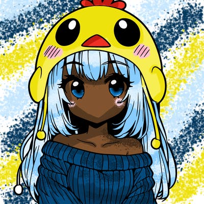 anime girl with chick shaped hat with sweater with bare shoulders with bangs covering them one eye with low tail
