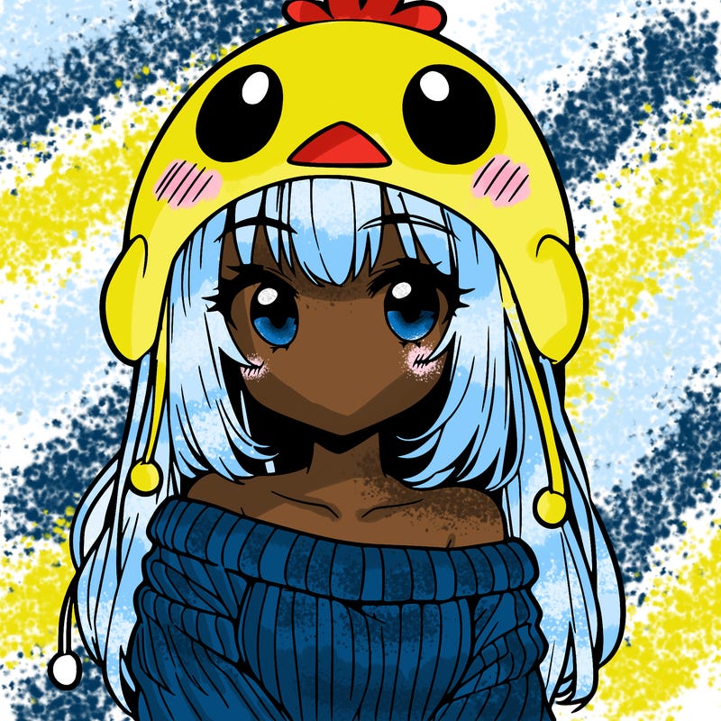 anime girl with chick shaped hat with sweater with bare shoulders with bangs covering them one eye with low tail