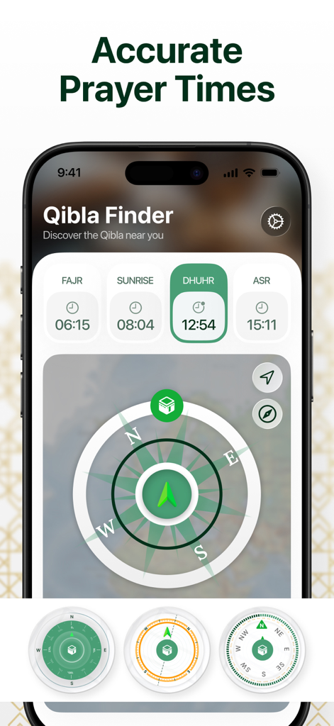 Qibla Finder & Mecca Compass - Interface de l'application Qibla Finder affichant les horaires de prière précis et une boussole de direction de La Mecque