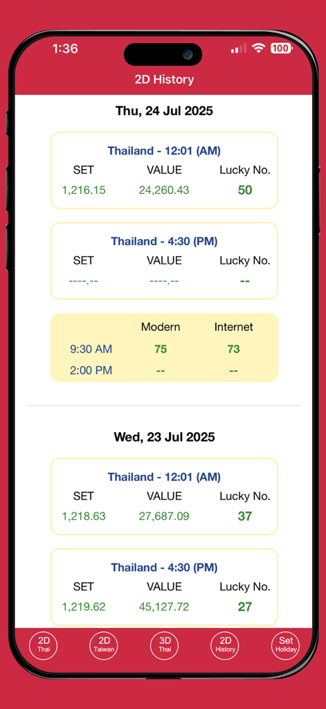 Duck 2D 3D - Captura de pantalla de la aplicación Duck 2D 3D mostrando el historial diario de valores de la SET y números de la suerte
