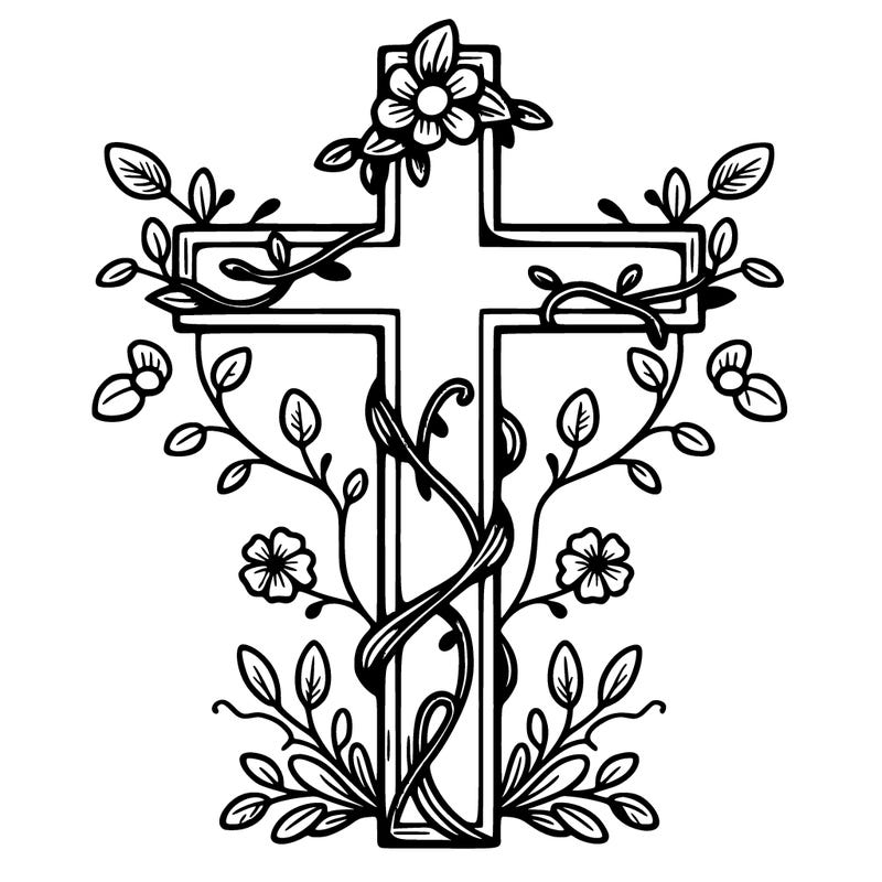 christian cross with vines and flowers