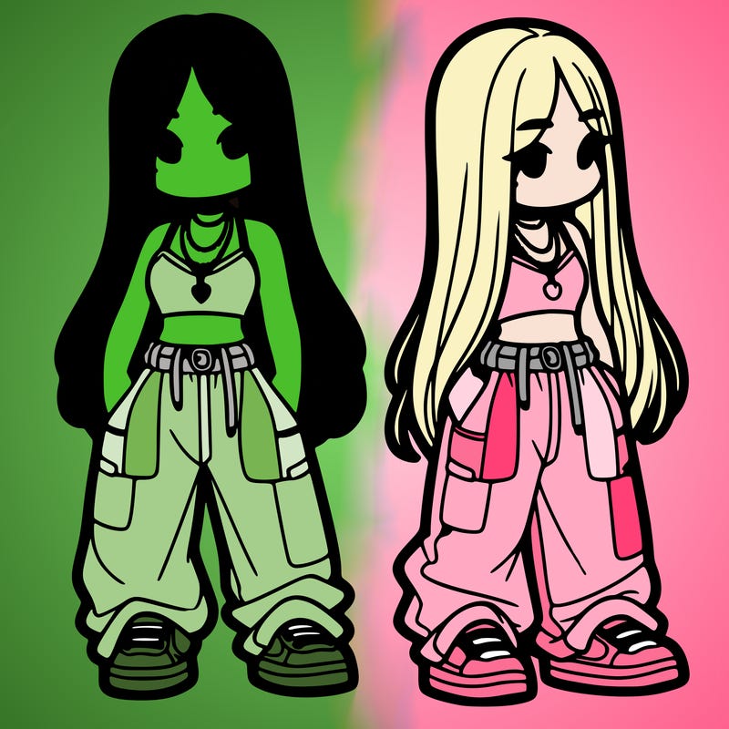 girl in baggy pants crop top and long hair