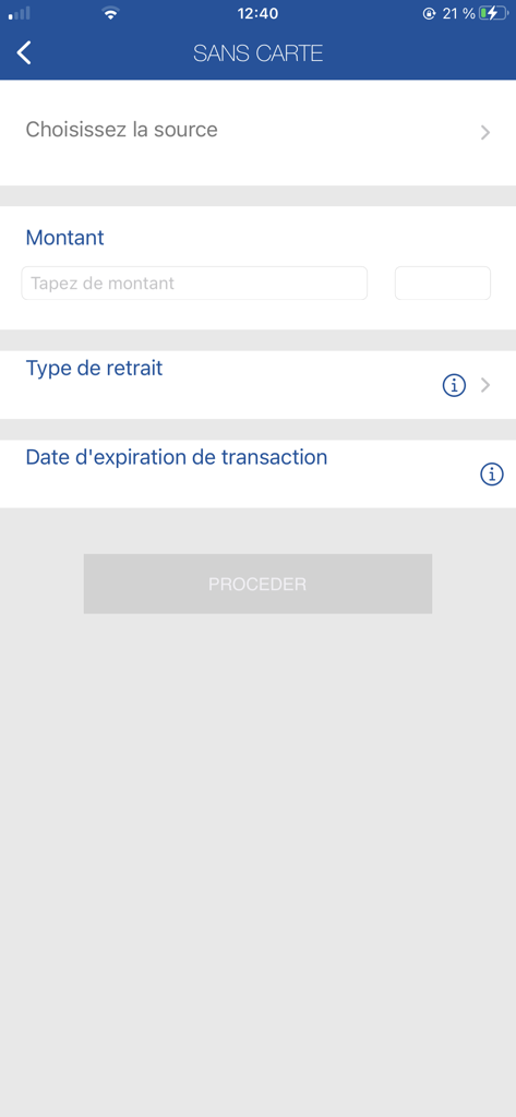 BaridiMob app interface for setting up a cardless withdrawal showing amount and transaction details