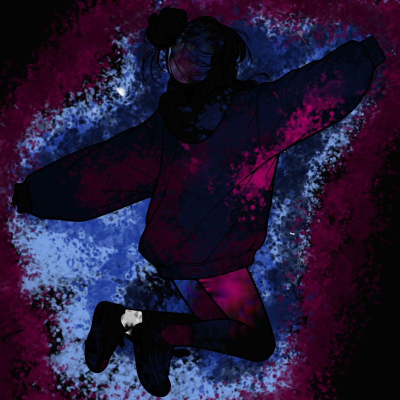 realistic girl jumping with a bun and oversized sweatshirt