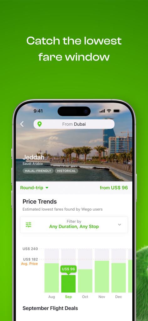 Wego Flights & Hotels Booking - Interface do aplicativo móvel Wego mostrando tendências de preços de voos mensais para planejamento de viagens econômicas