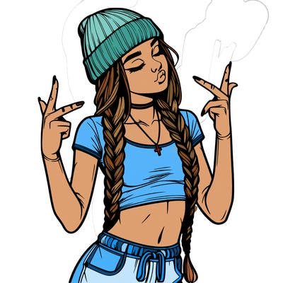 realistic teenage girl with braids and a beanie and crop top doing 🫶🏼