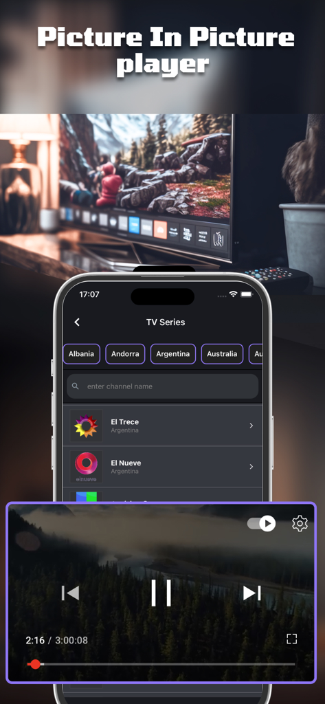 IPTV mega player - watchTV - Interface of the IPTV mega player showing a floating Picture in Picture window over a list of TV channels.