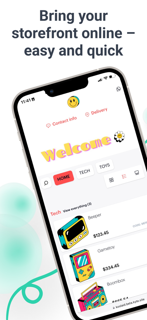 Kyte: Online Catalog and Store - Una pantalla de smartphone mostrando la interfaz del catálogo digital y la tienda online de la app Kyte.